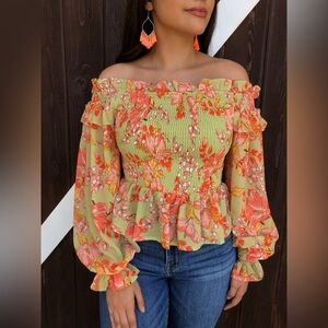 Perfectly Priscilla Lora Smocked Floral Top Size XL NWOT